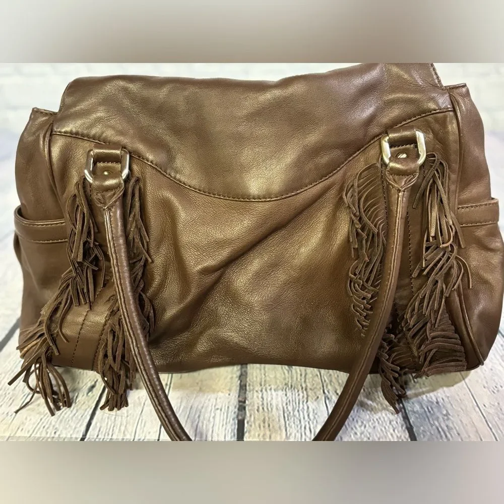 VINTAGE Botkier Chocolate Leather Morgan Boho Fringed Rocker Y2K Satchel Purse